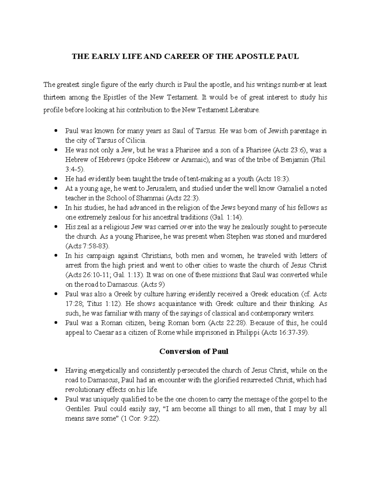 BIBL 124 WEEK 7 - The Early Life & Conversion of Apostle Paul - Studocu