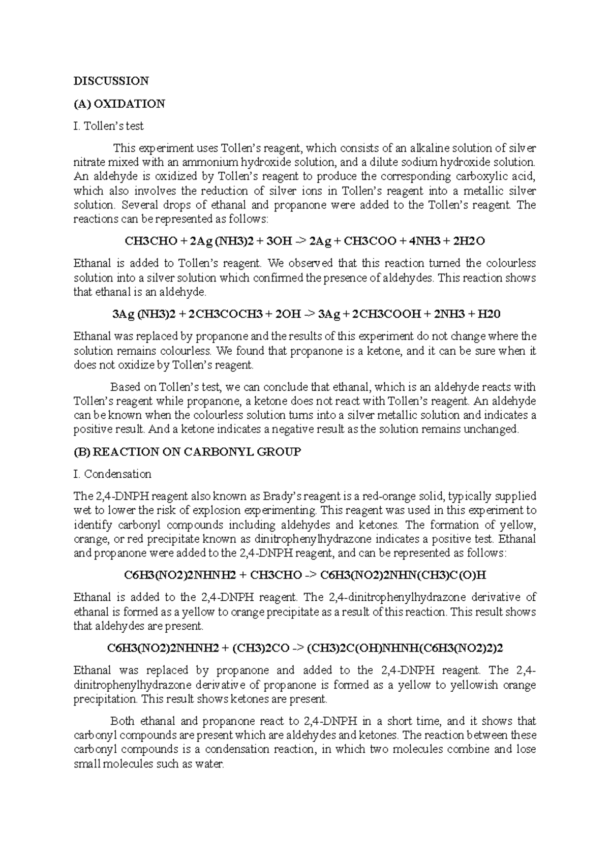 Oxidation and Carbonyl Reaction Tests in CHM 207 Discussion EXP 6 - Studocu