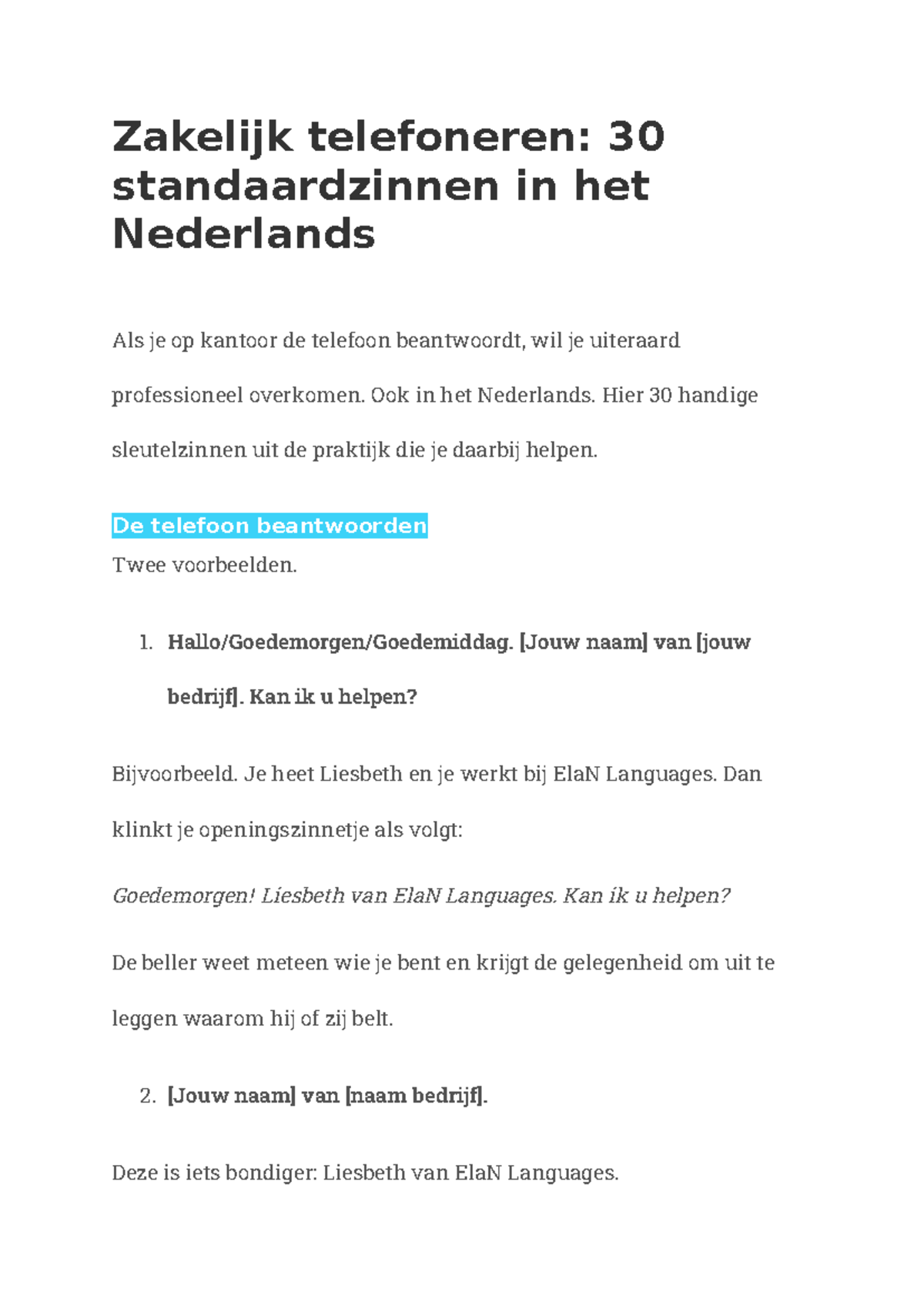 Zakelijk Telefoneren: 30 Standaardzinnen in het Nederlands - Studocu