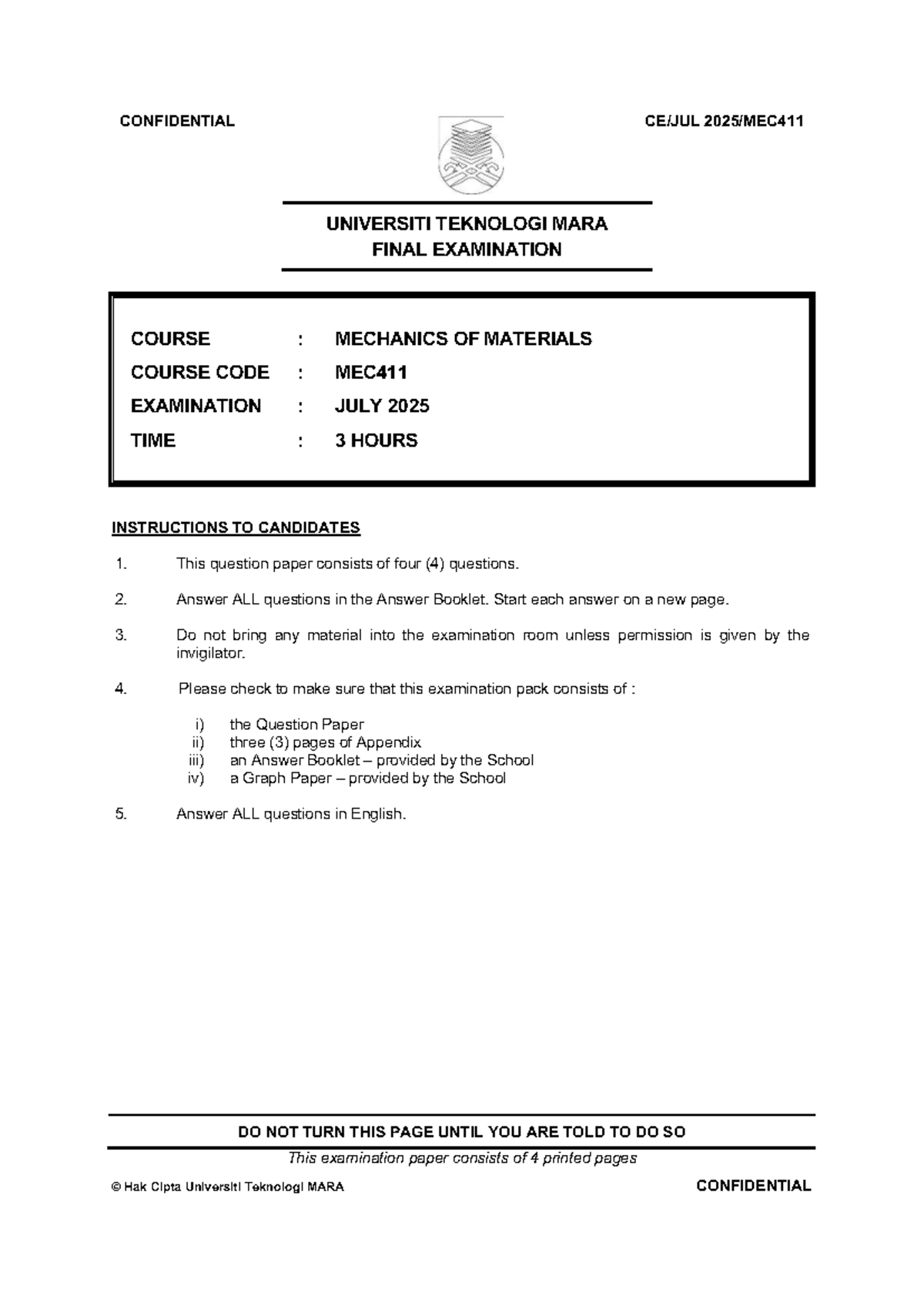 MEC411 Final Exam Paper: Mechanics of Materials - July 2025 - Studocu