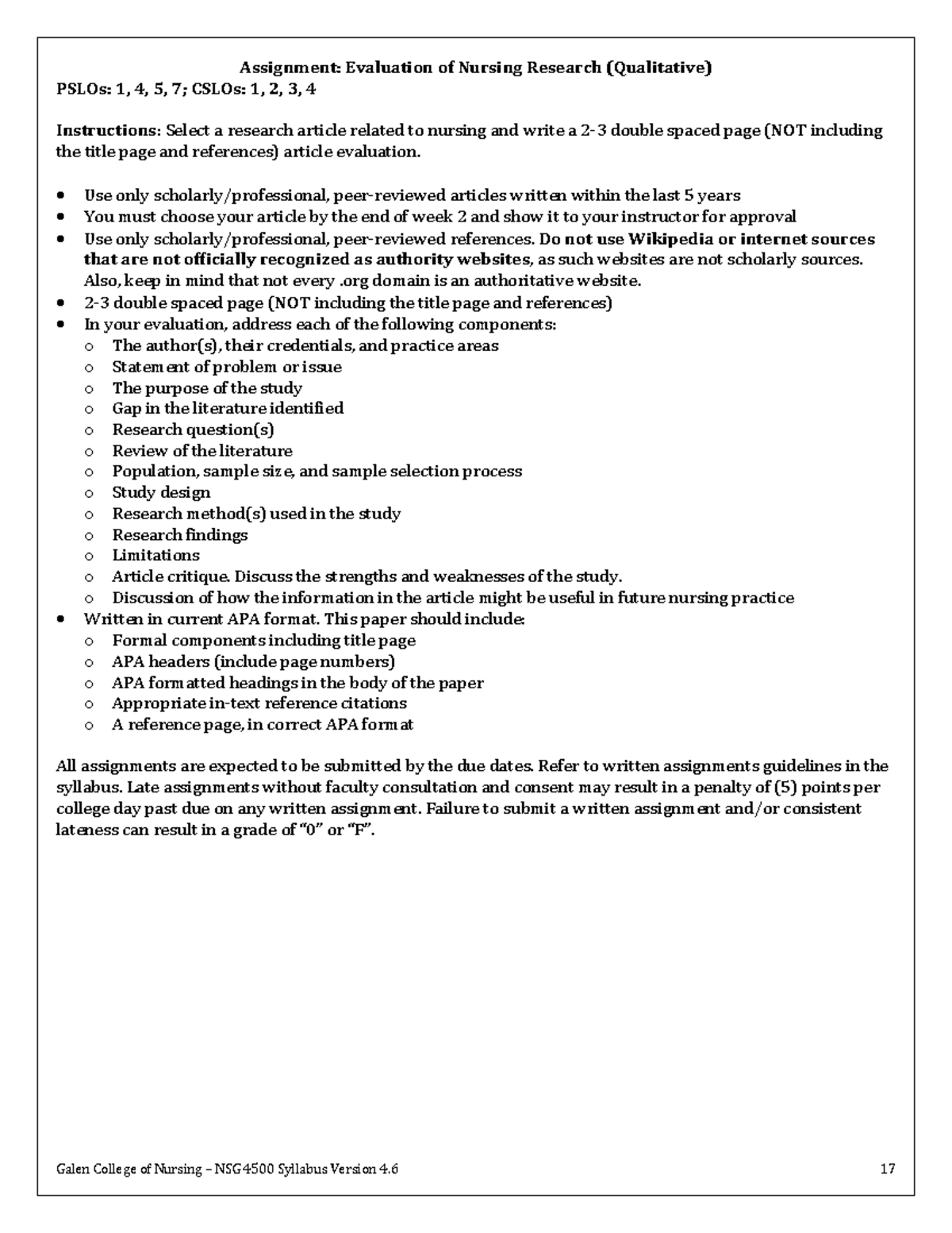 Evaluation of Nursing Research (Qualitative) Assignment - NSG 4500 ...