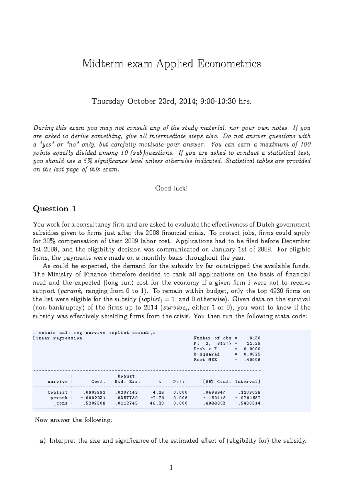 Applied Econometrics Midterm Exam (With Answers) - October 2014 ...