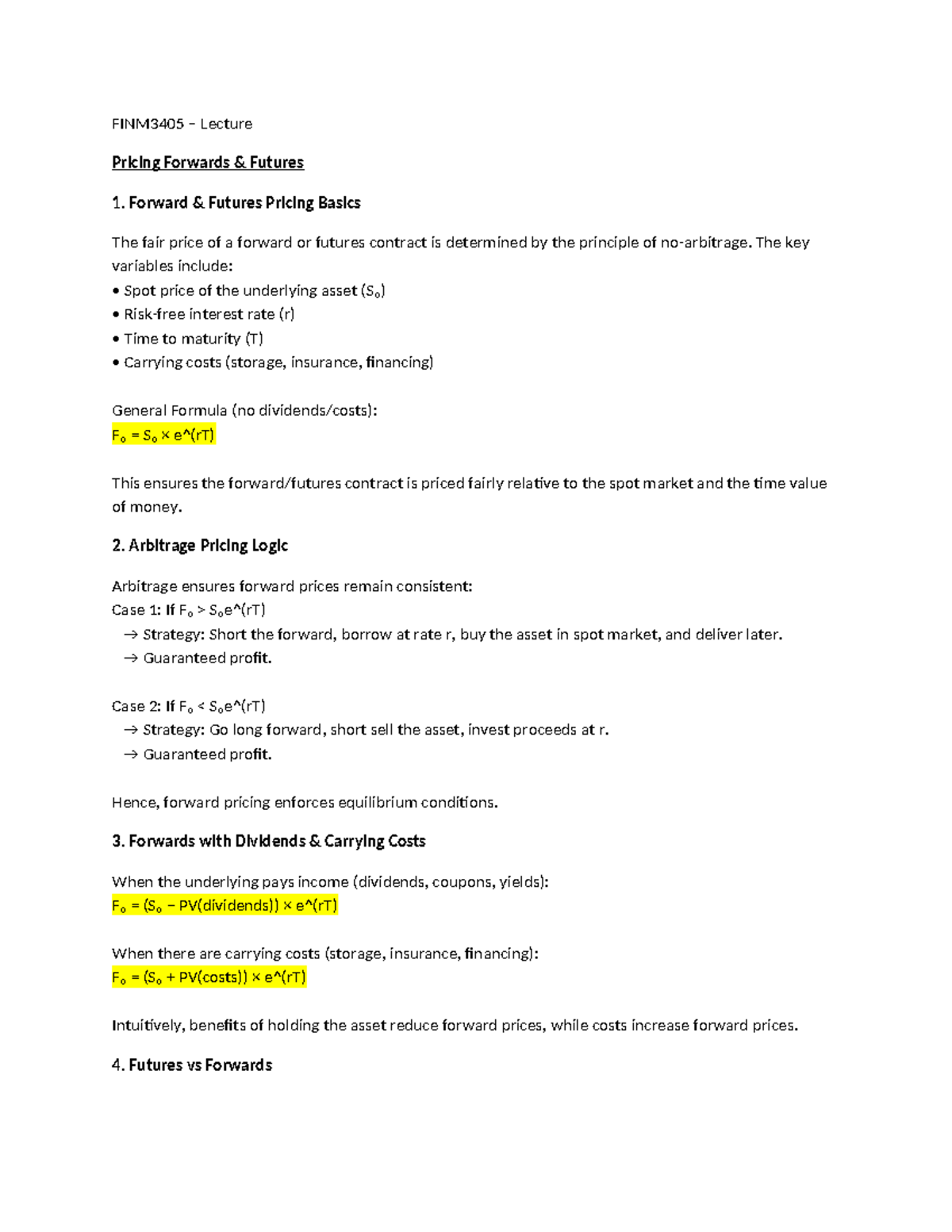 FINM3405 Lecture Notes on Forward and Futures Pricing - Studocu
