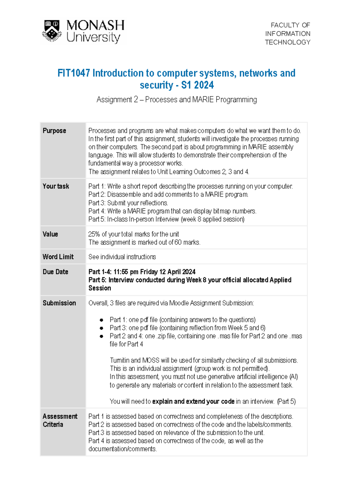 FIT1047 Assignment 2: Processes and MARIE Programming Guide (S1 2024 ...