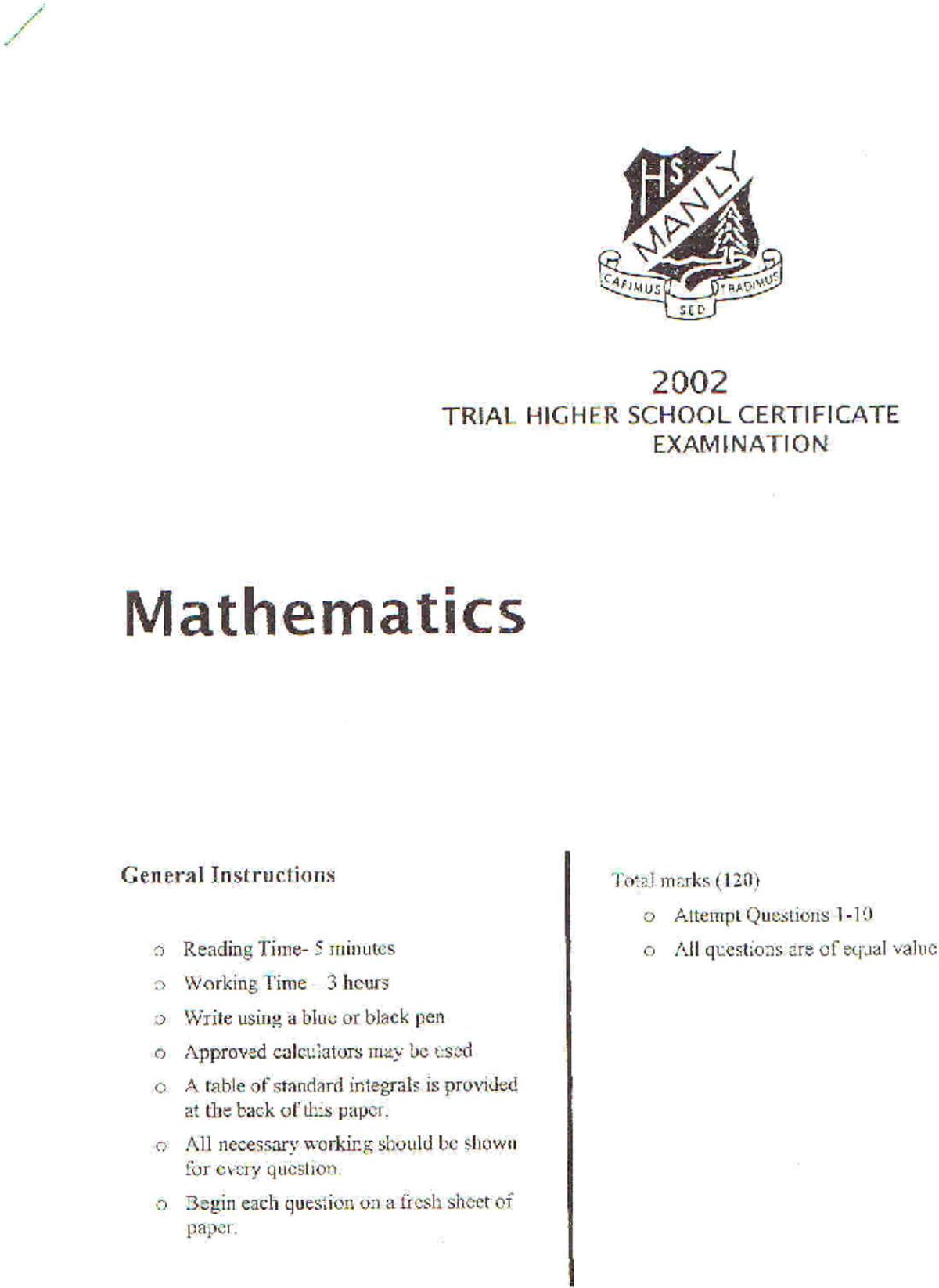 2002 HSC Mathematics 2U Trial Exam - Past Paper Review - Studocu