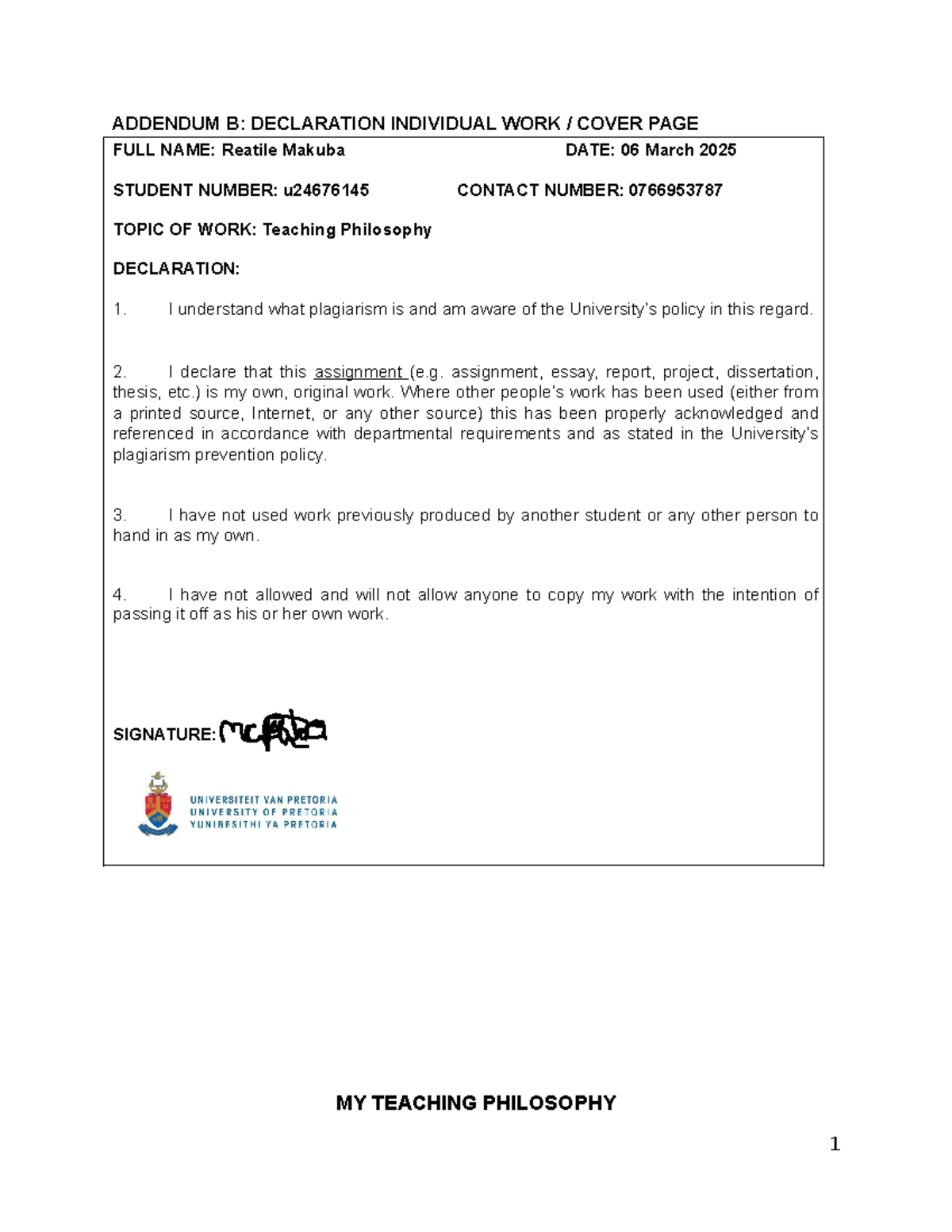 example of philosophy that match your beliefs - ADDENDUM B: DECLARATION ...