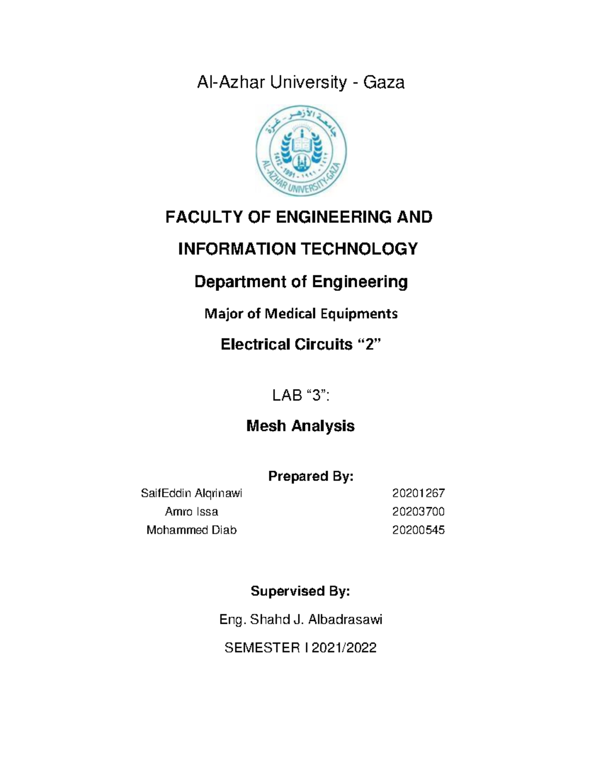 Lab 3 Report on Mesh Analysis for Electrical Circuits (EC2) - Studocu
