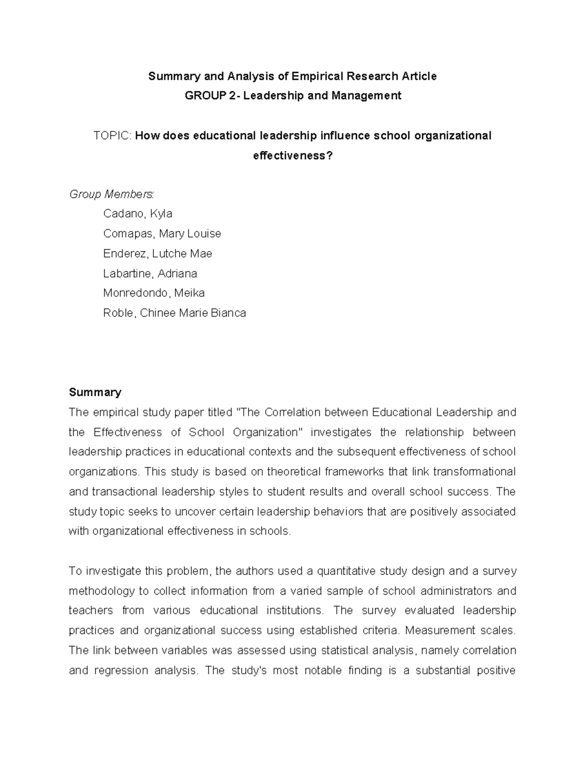 Group 2 Summary and Analysis of Empirical Research Article - Summary ...