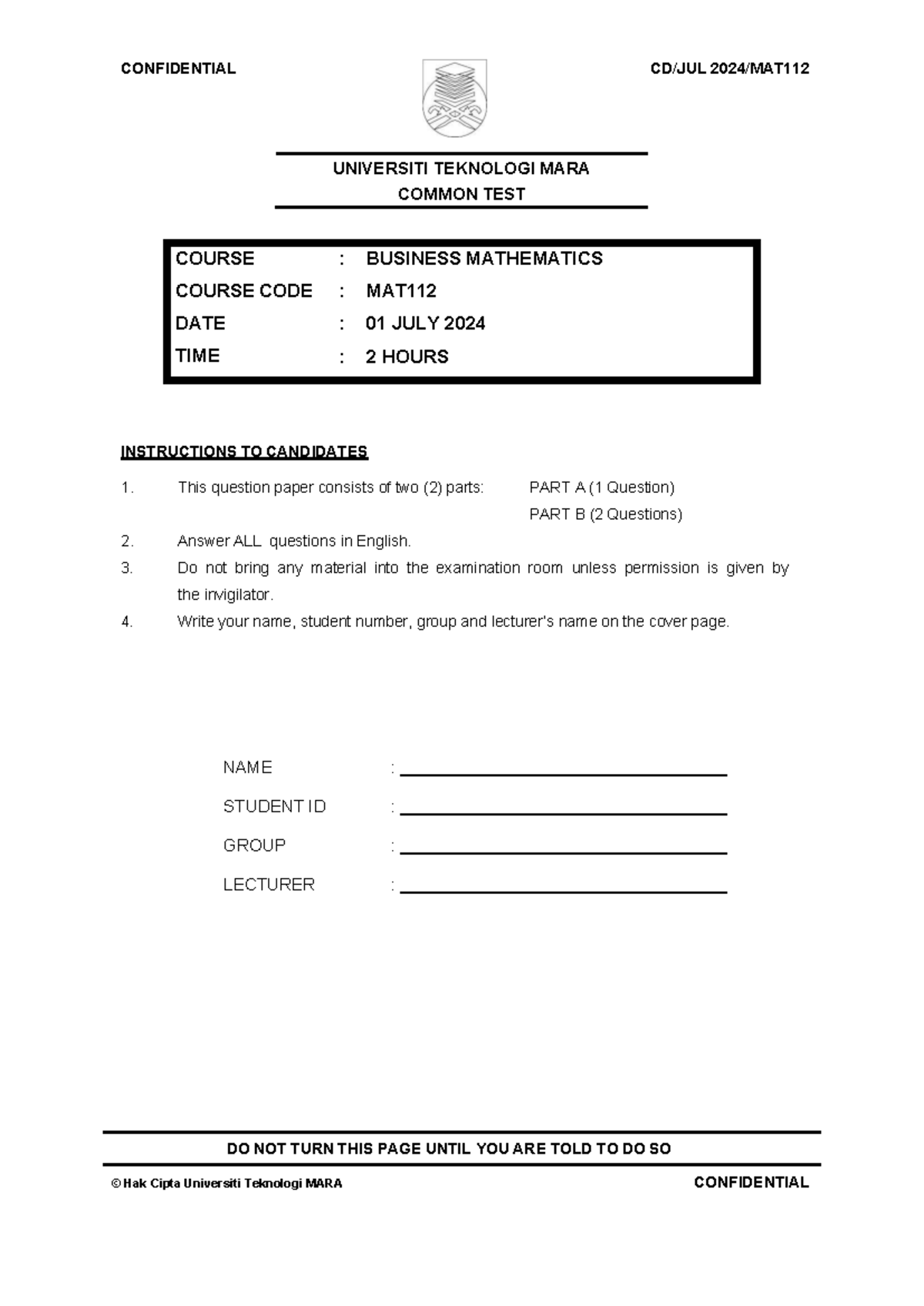 MAT112 Common Test: Business Mathematics - July 2024 - Studocu