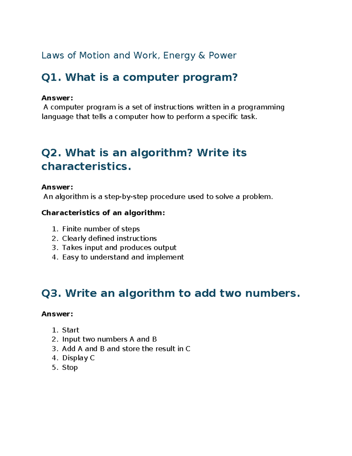 CSA - Basics of Programming & Algorithms Q1-Q6 Notes - Studocu