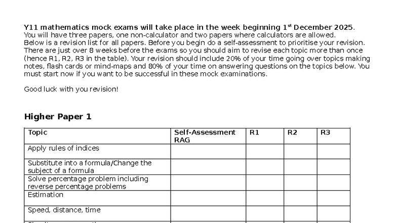 Y11 Maths Mock Exam Revision Guide 2025: Higher Papers R1, R2, R3 - Studocu
