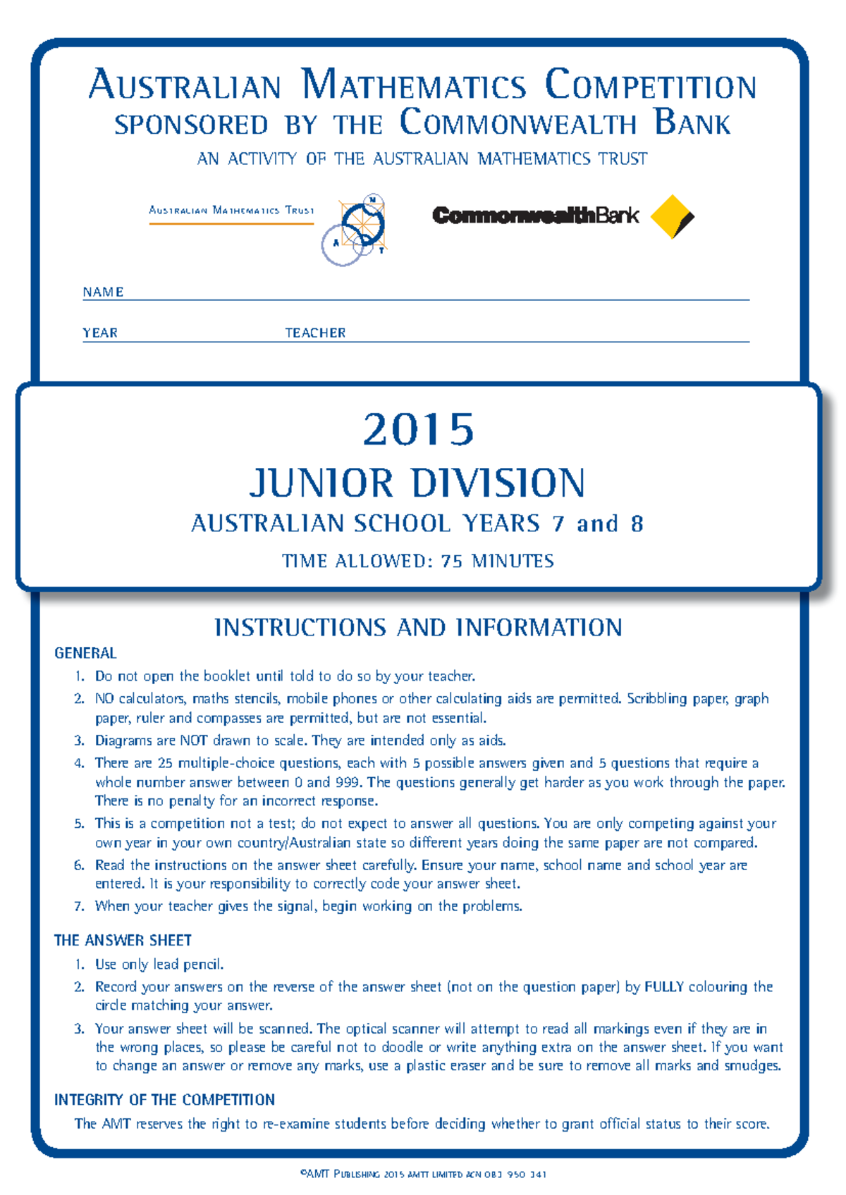 2015 AMC Junior - Australian Mathematics Competition Paper - Studocu