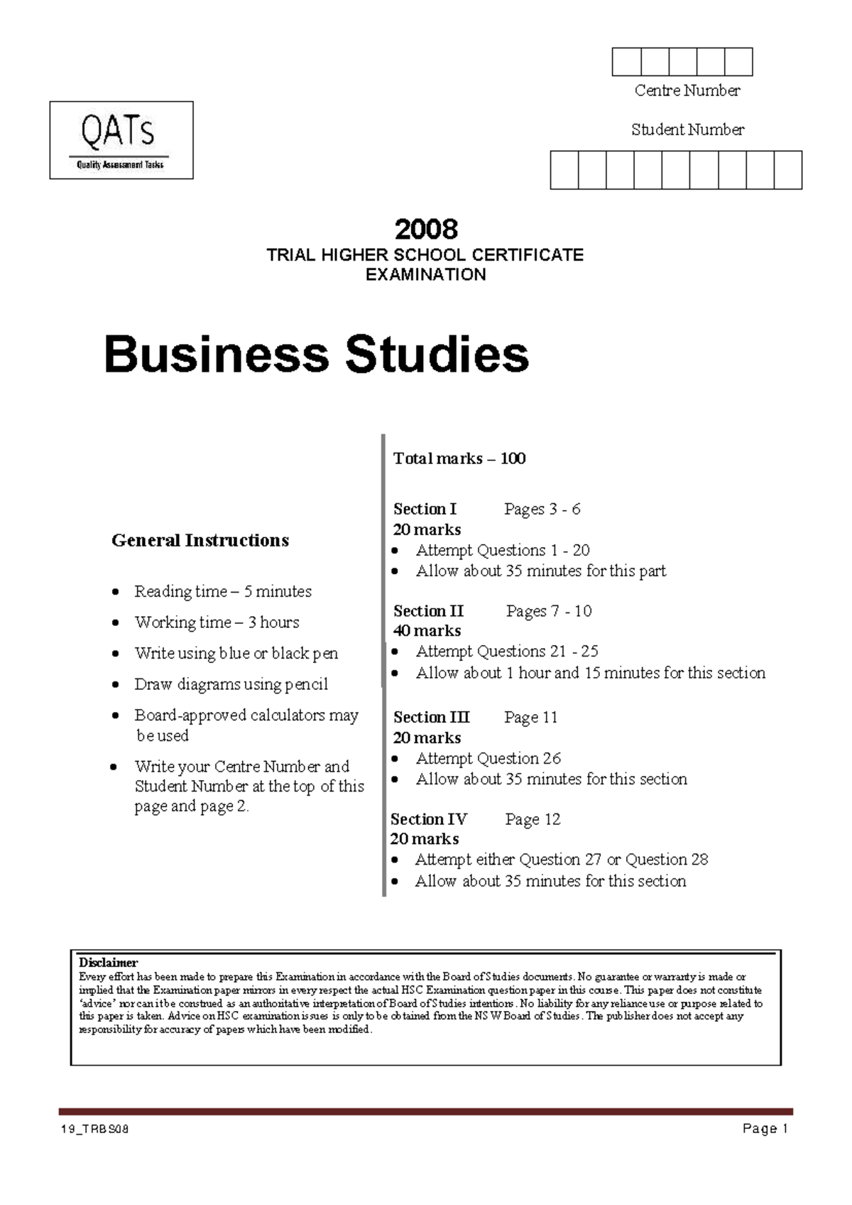 2008 TRBS08 Business Studies Trial Exam Solutions and Marking ...