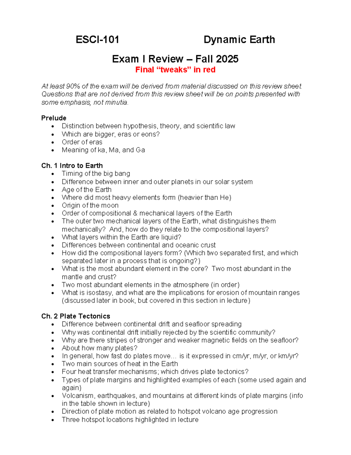 ESCI 101 Midterm 1 Review - Dynamic Earth Exam I Overview 2025 - Studocu
