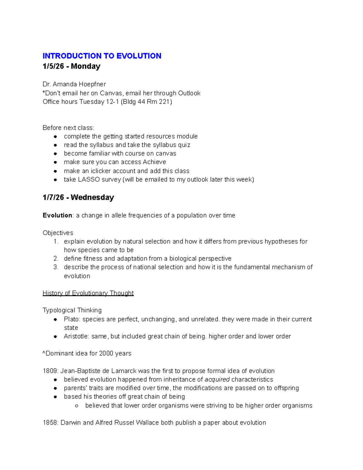 Introduction to Evolution - Lecture Notes - Studocu