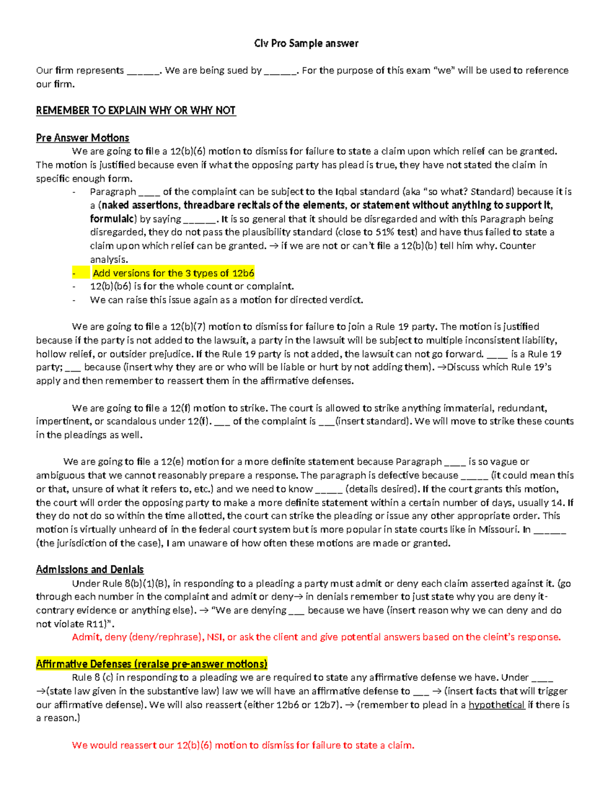 Civ Pro I Outline - Sample Answers for Pre-Answer Motions and Defenses ...