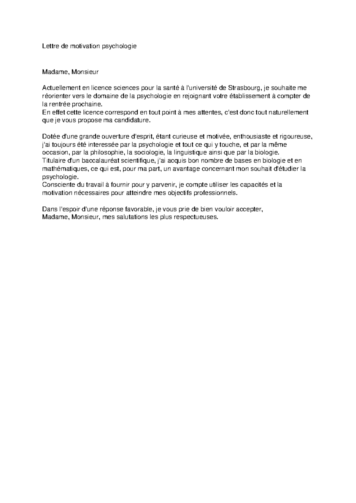 Lettre de motivation psychologie Lettre de motivation psychologie — free download