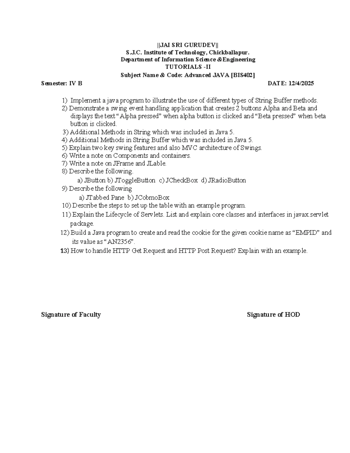 Advanced Java Lab Manual (BIS402) for AY 2023-24 - Studocu