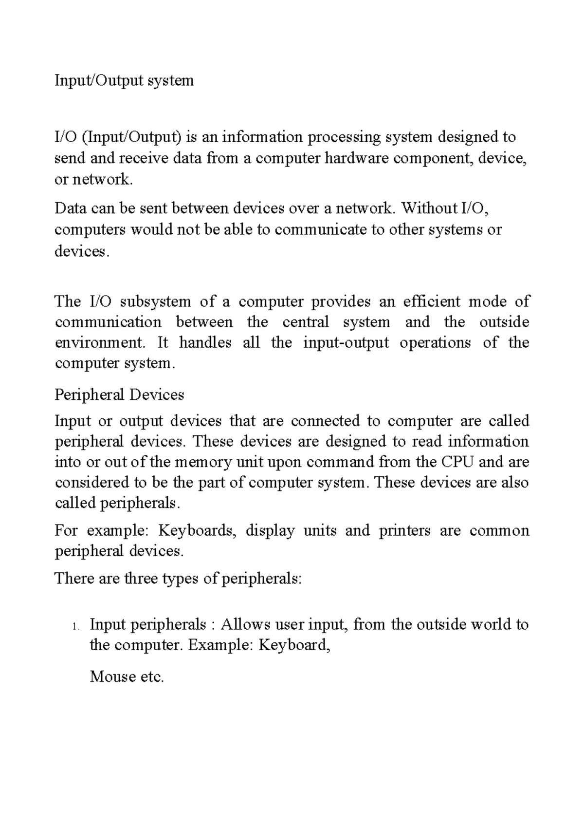 I/O System Overview: Input-Output Devices and Their Functions - Studocu