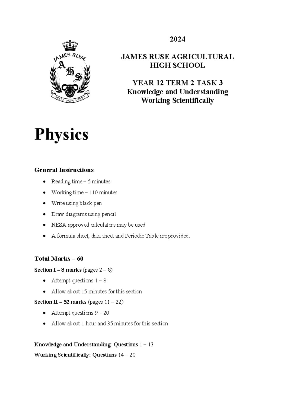 JRAHS Year 12 Physics Term 2 Task 3 Solutions 2024 - Studocu