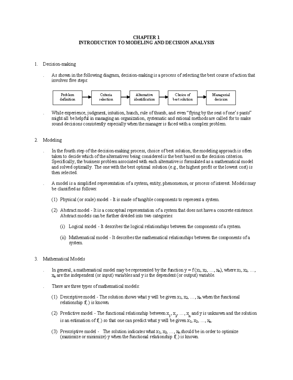 Chapter 1: Introduction to Modeling & Decision Analysis Handout - Studocu