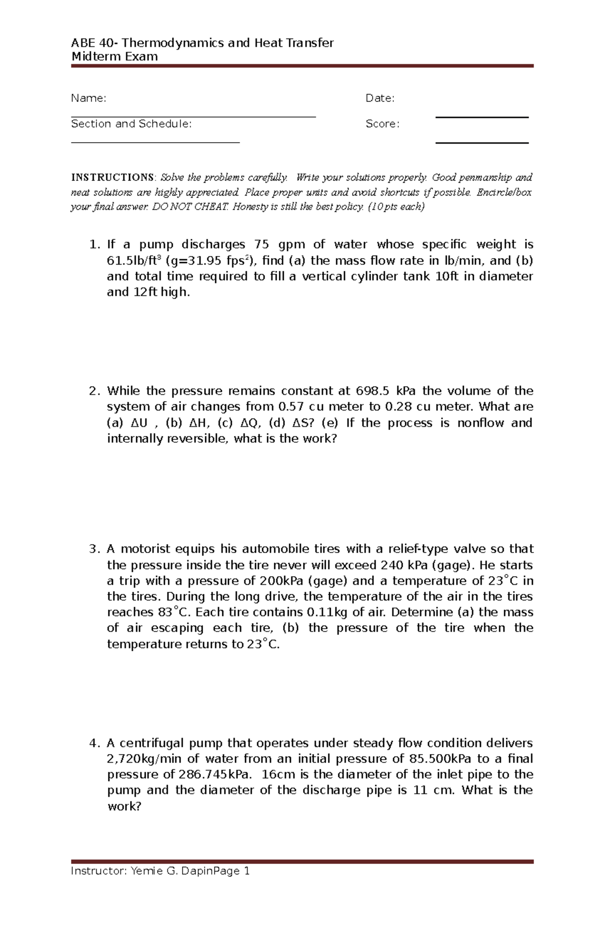 ABE 40-Midterm Exam - Midterm Exam - ABE 40- Thermodynamics and Heat ...