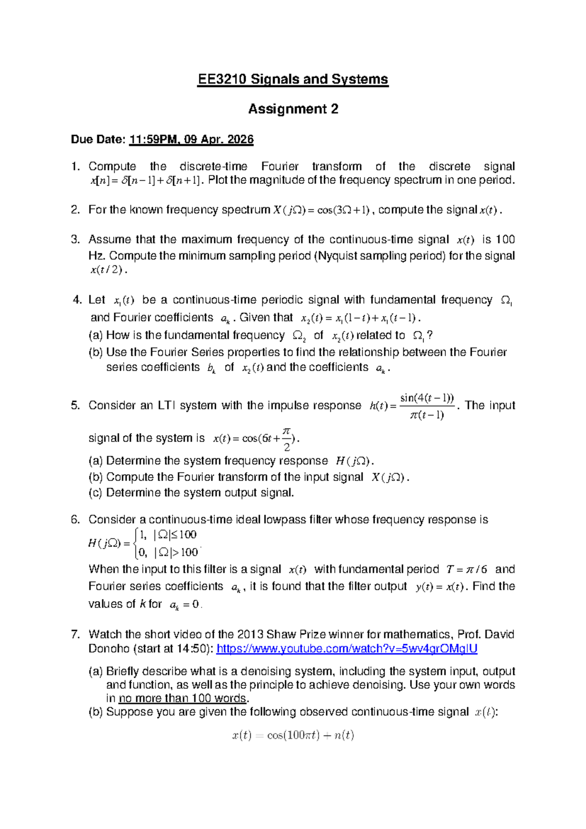 EE3210 Signals and Systems Assignment 2 Overview and Tasks - Studocu