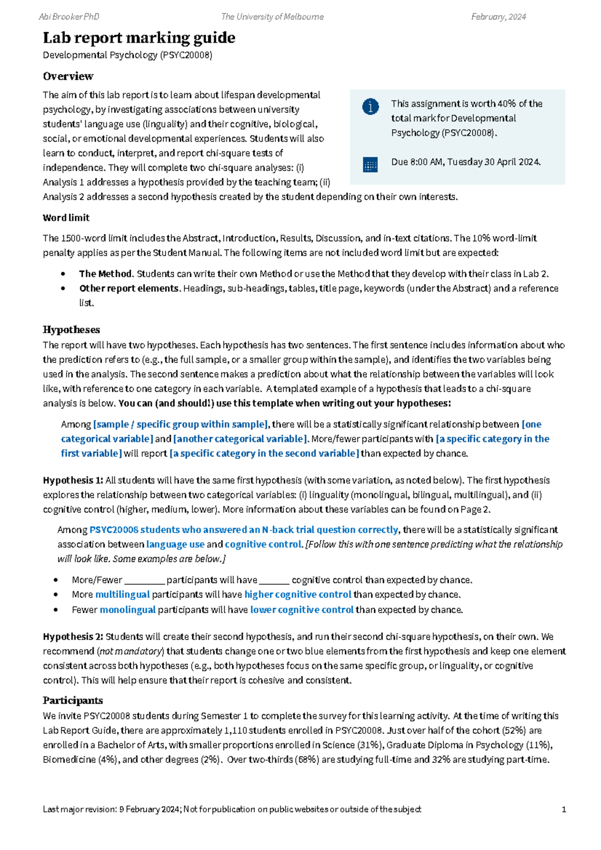 PSYC20008 2024 Lab Report Guide: Lifespan Development & Chi-Square ...