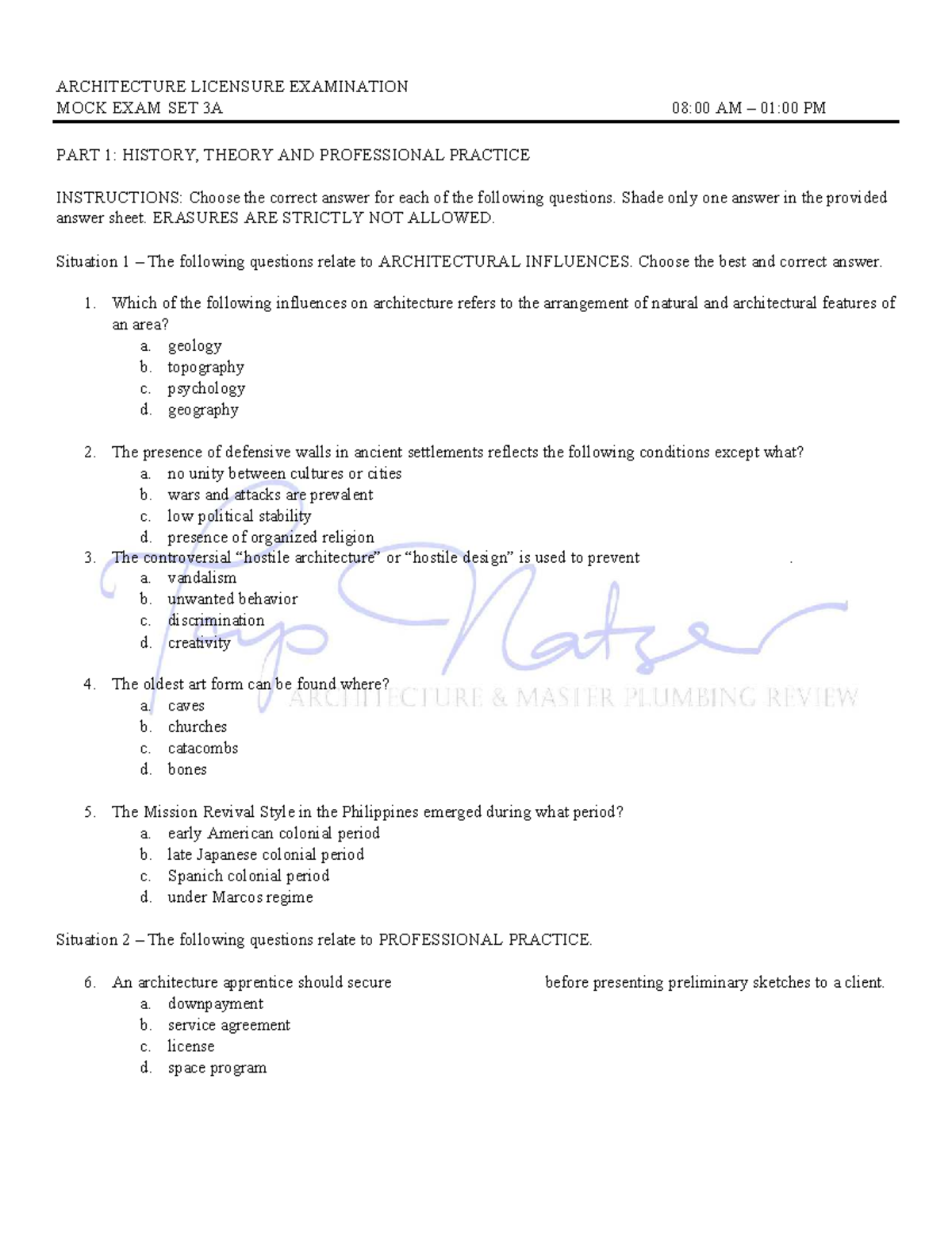 ARCHITECTURE LICENSURE EXAM MOCK EXAM SET 3A - PART 1 ANSWER KEY - Studocu