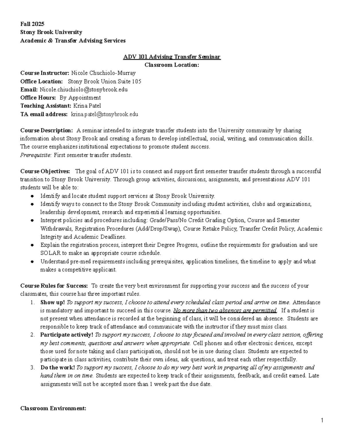 ADV 101 Fall 2025 Pre-Med Seminar Syllabus and Course Guide - Studocu