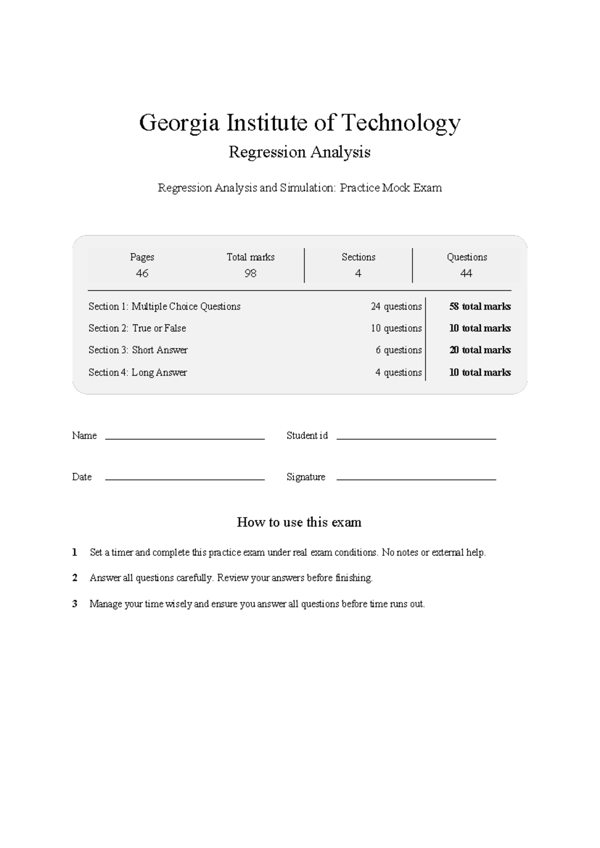 ISYE 6414 Regression Analysis Practice Mock Exam 2026 - Studocu