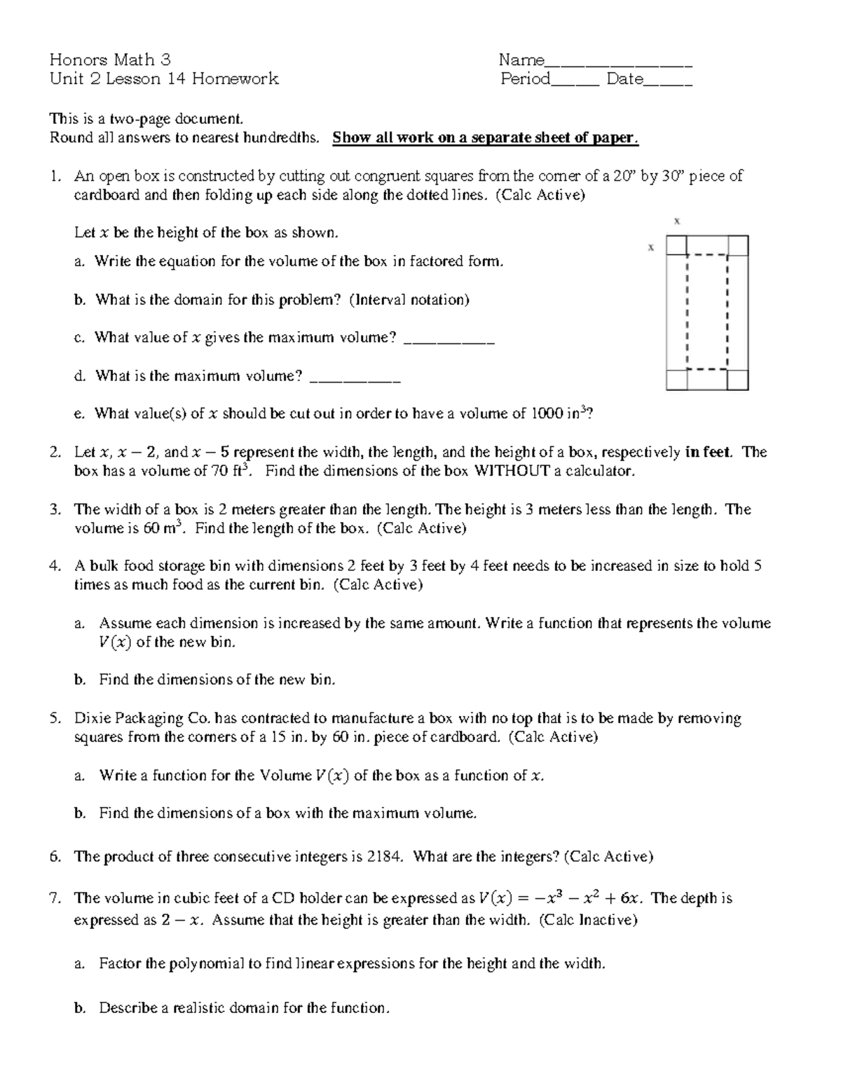 15.3a - Applications of Polynomials Homework-1 - Honors Math 3 Name ...