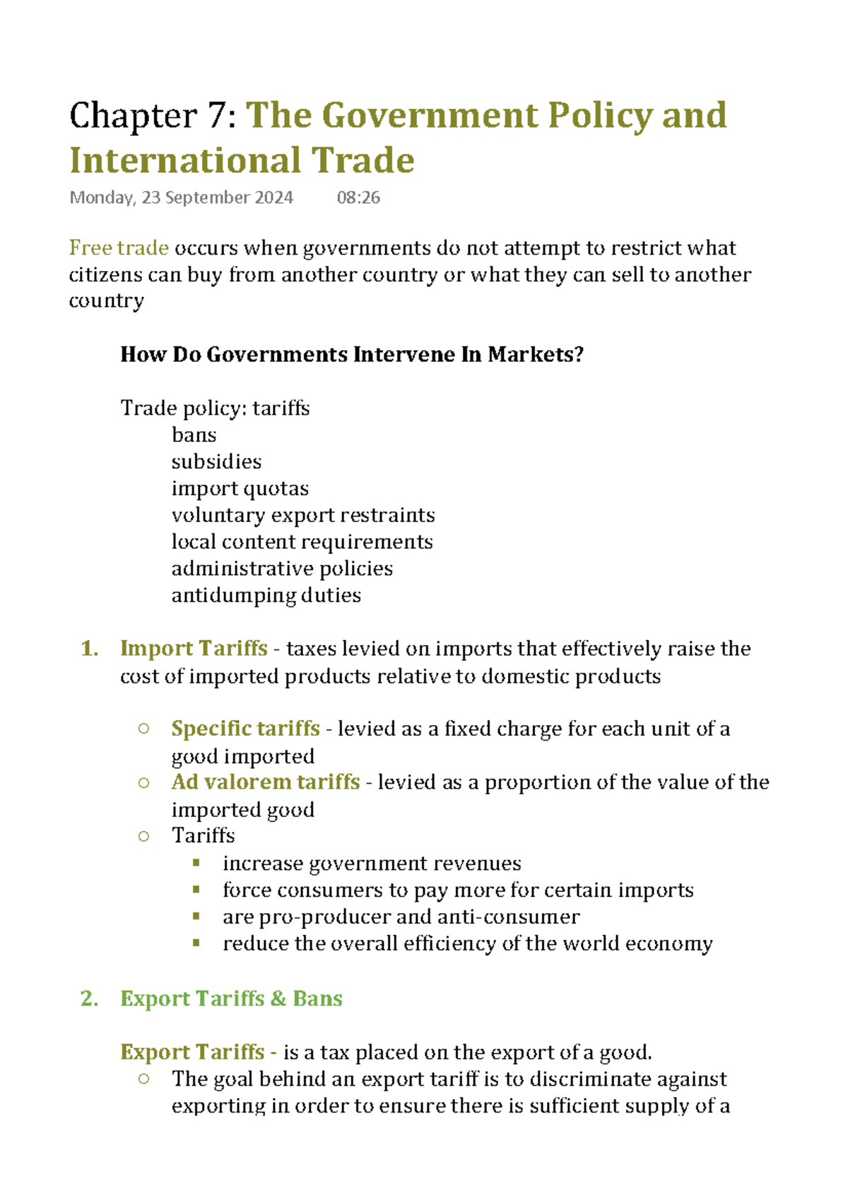 IBI101 - Chapter 7: Government Policy and International Trade Exam ...