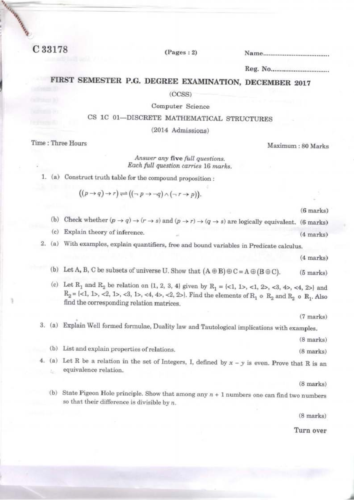 C 33178: Discrete Mathematical Structures Previous Exam Questions - Studocu