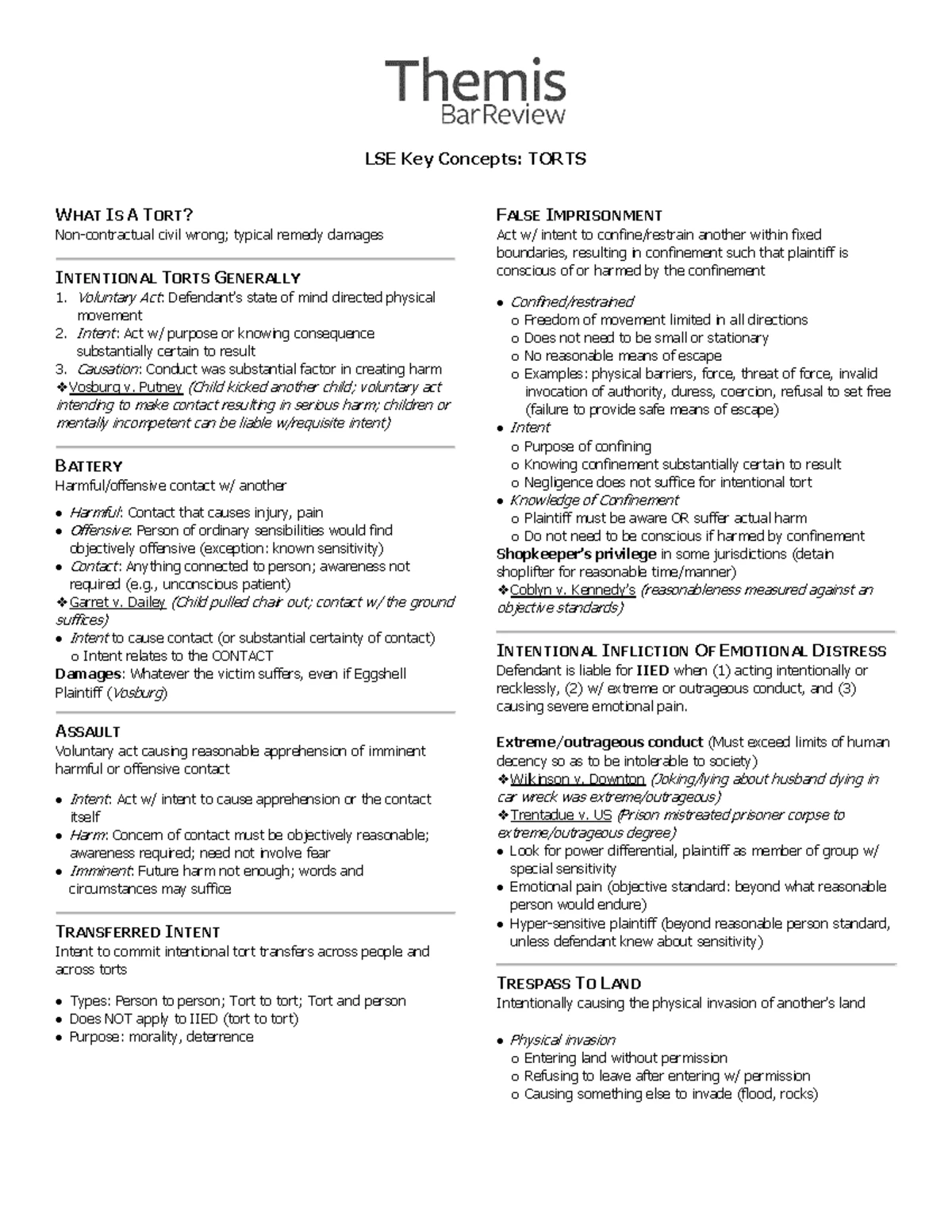 Torts II Outline - Key Concepts and Elements for Summer 2024 Exam - Studocu
