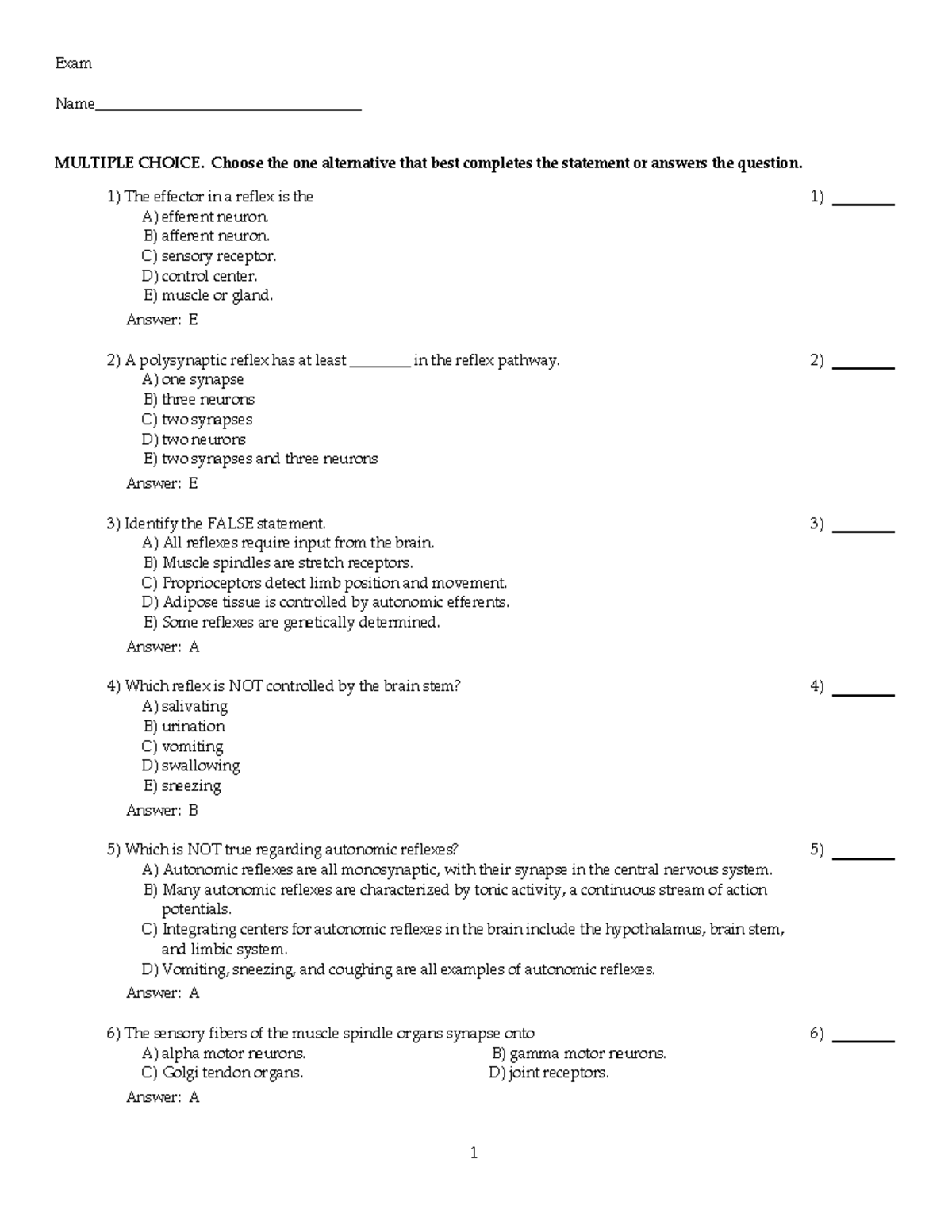 Chapter 13 Reflexes: Practice Questions and Answers for Exam - Studocu