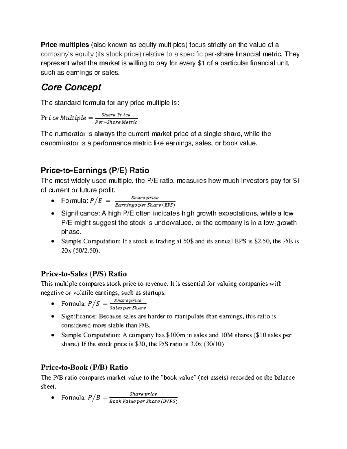 Common Price Multiples: Understanding Equity Valuation Metrics - Studocu