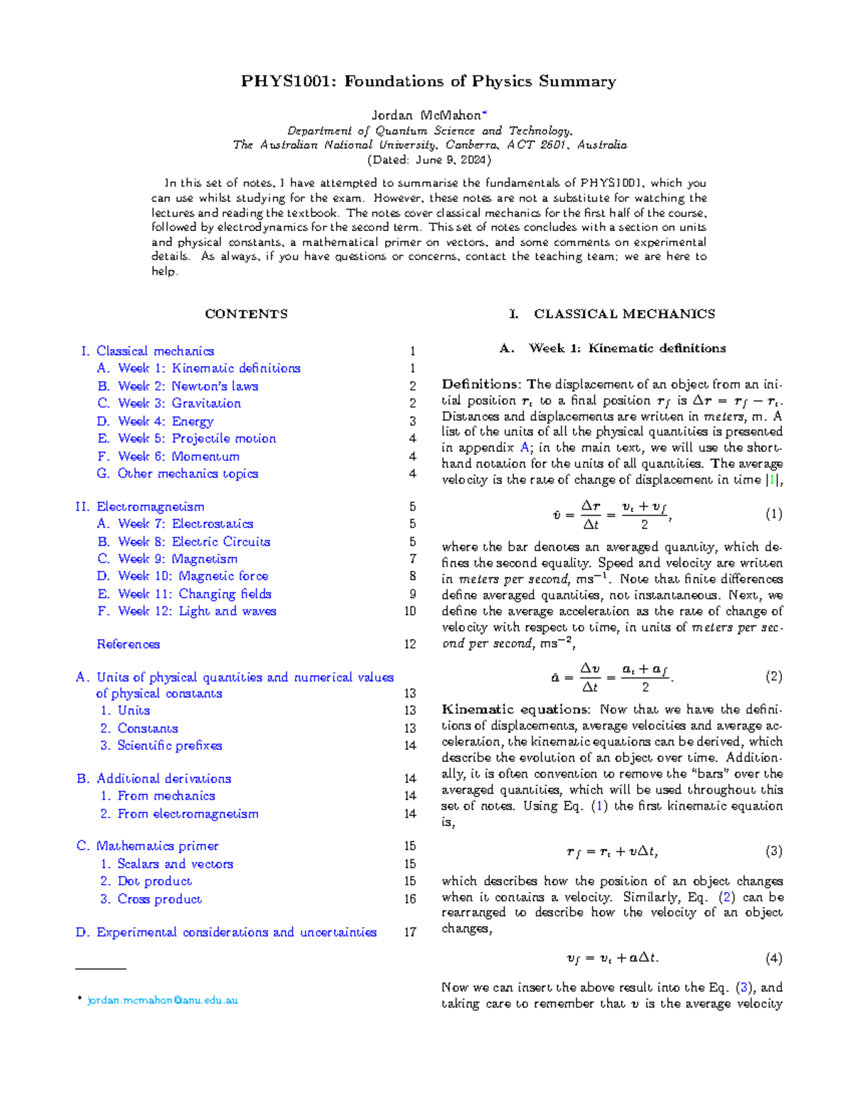 PHYS1001: Comprehensive Summary of Physics Fundamentals for Exam - Studocu
