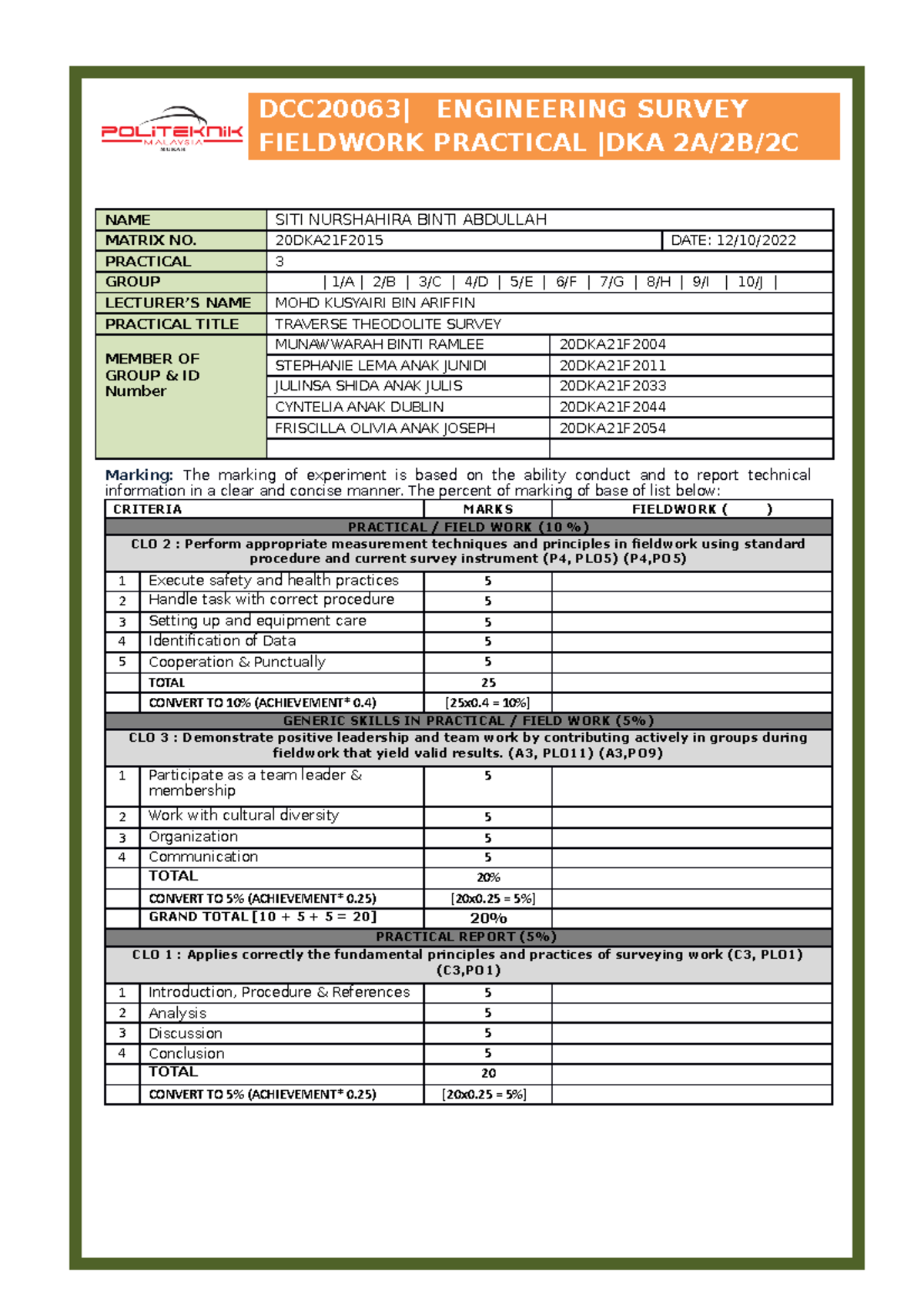 Traverse report - DCC20063| ENGINEERING SURVEY FIELDWORK PRACTICAL |DKA ...