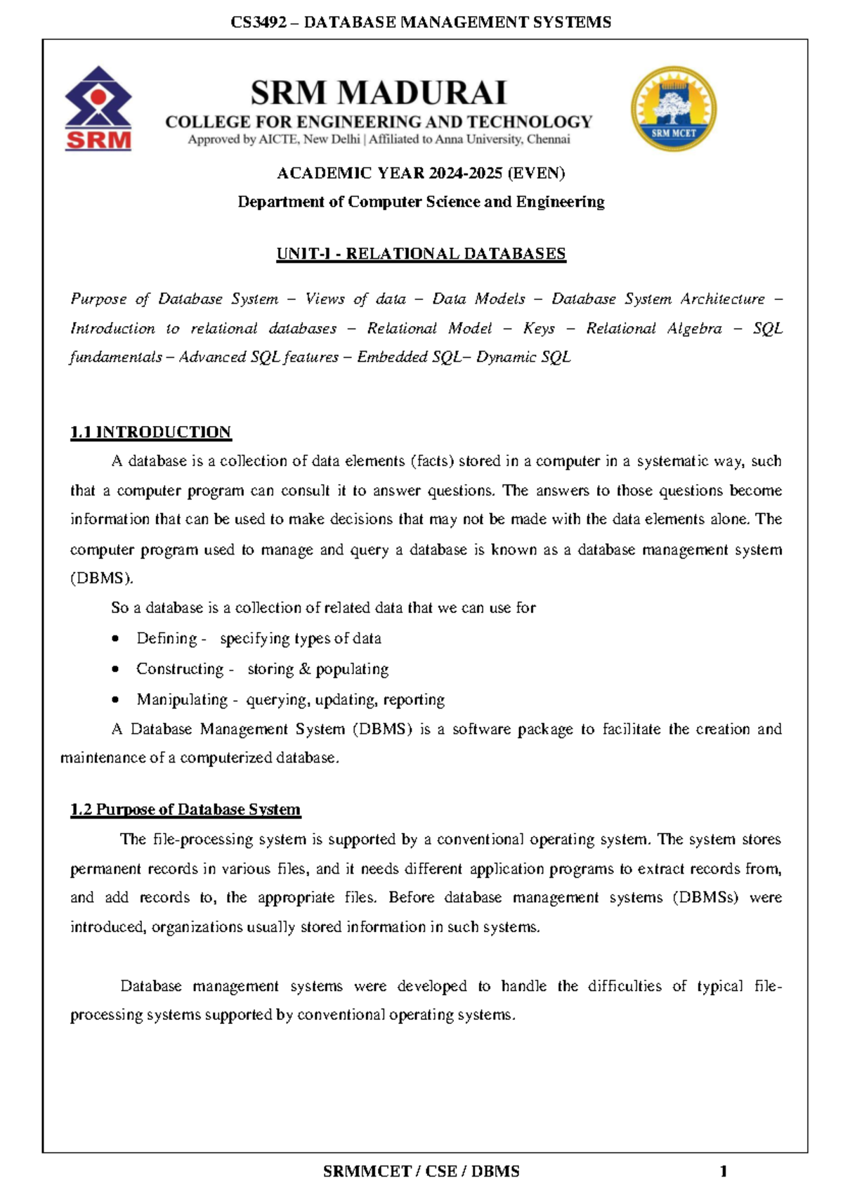 CS3492 DATABASE MANAGEMENT SYSTEMS: Comprehensive DBMS Notes - Studocu