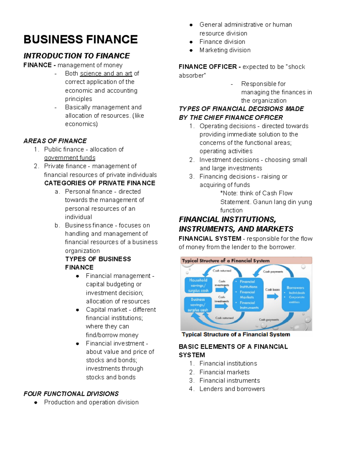 BUS 101 - Business Finance Final Exam Reviewer Notes - Studocu
