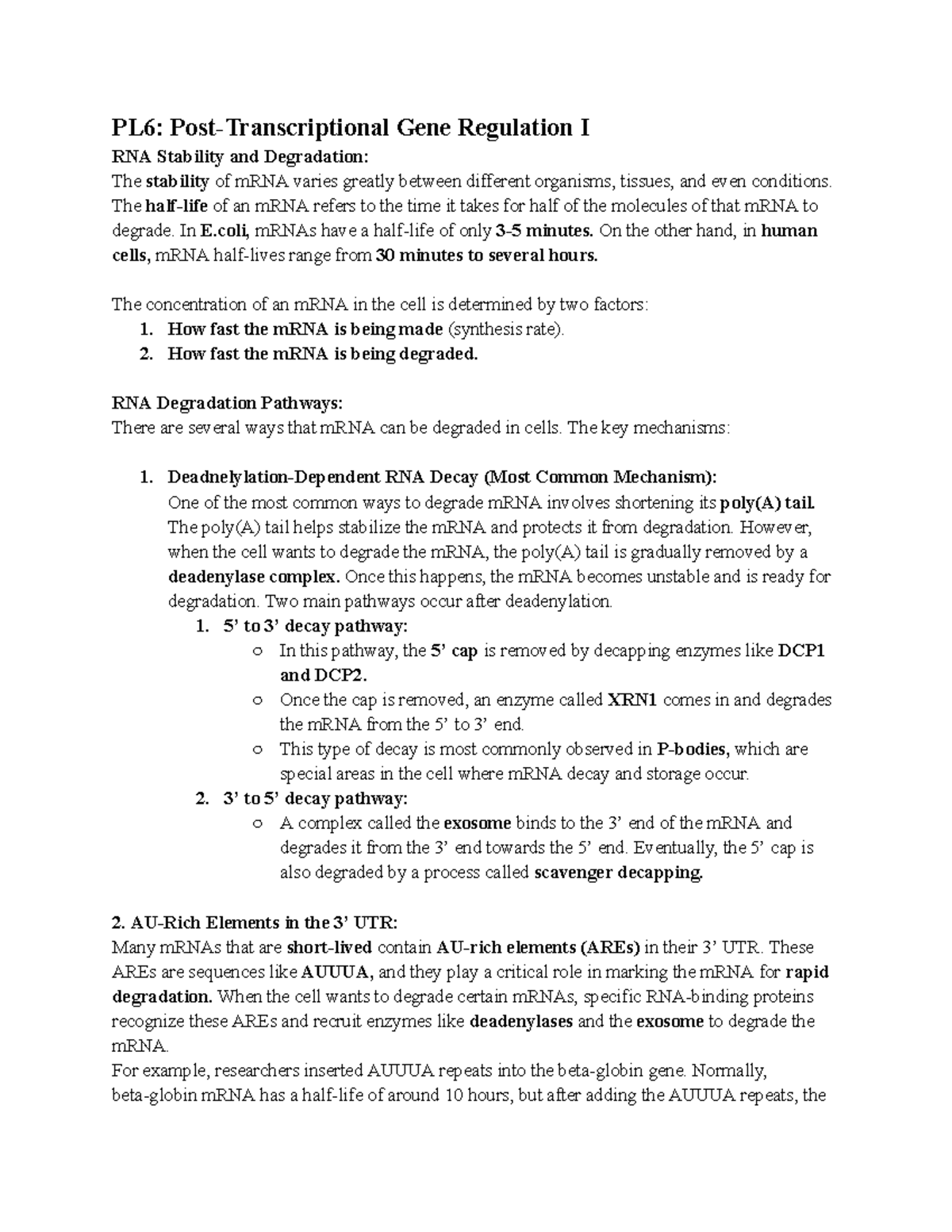 Biol 200 (20) - lecture notes - PL6: Post-Transcriptional Gene ...