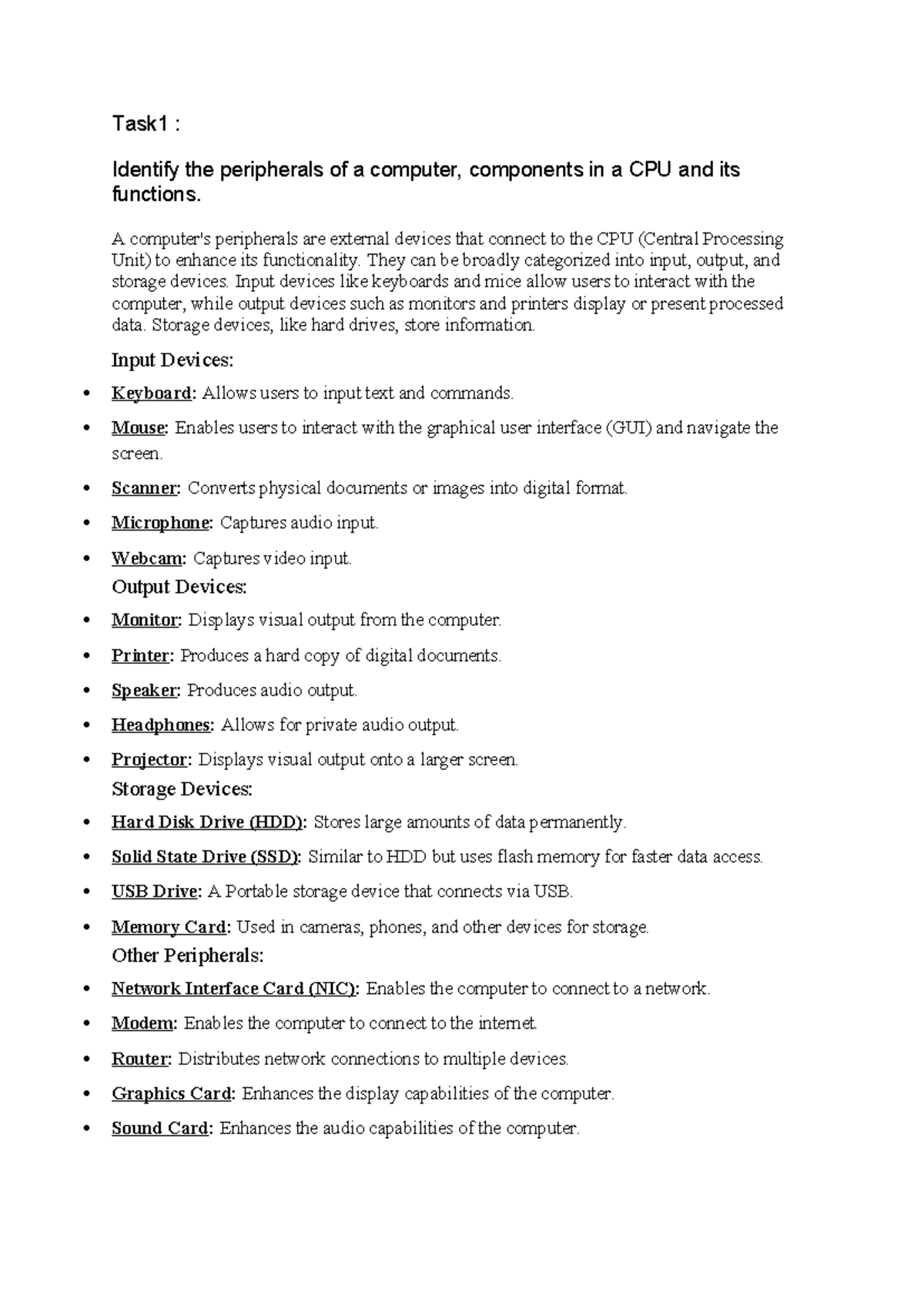 Task 1: Computer Peripherals & CPU Components Overview - Studocu