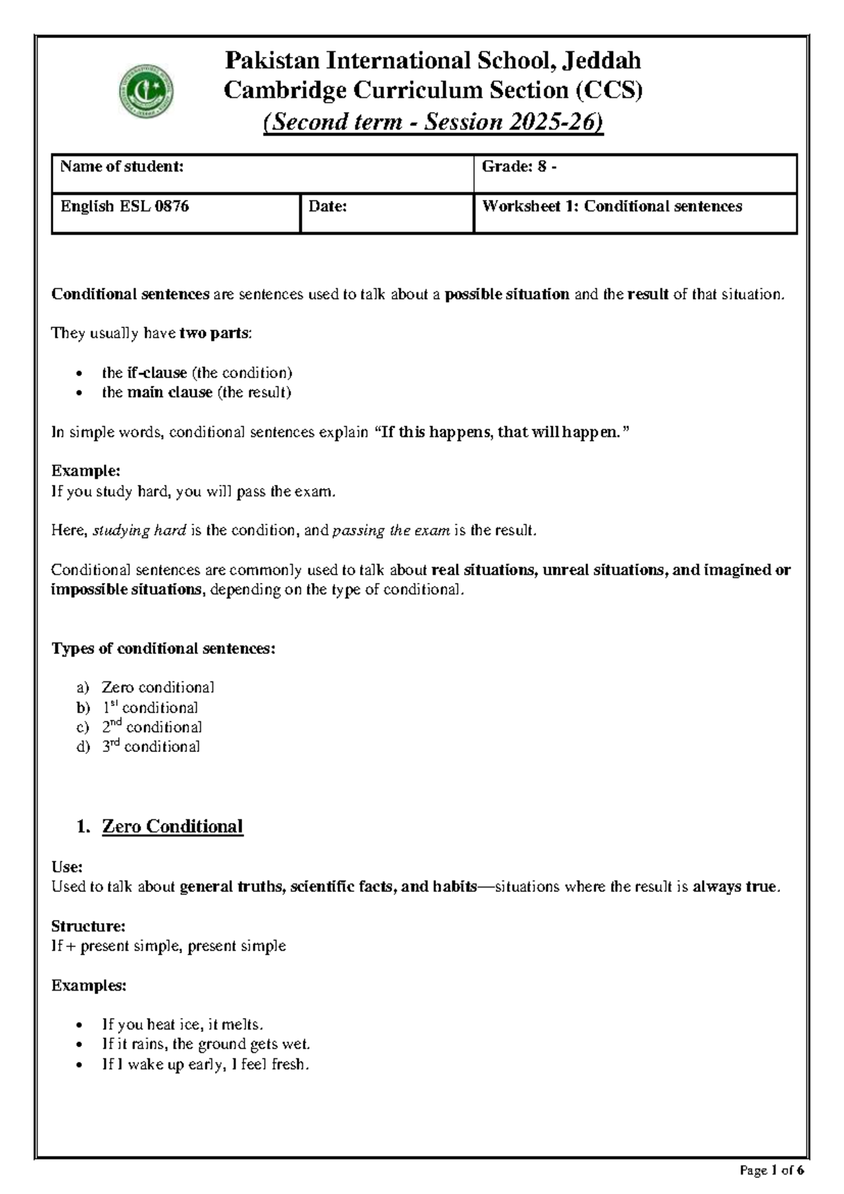 Conditionals Worksheet - English ESL 0876 Grade 8 - Studocu