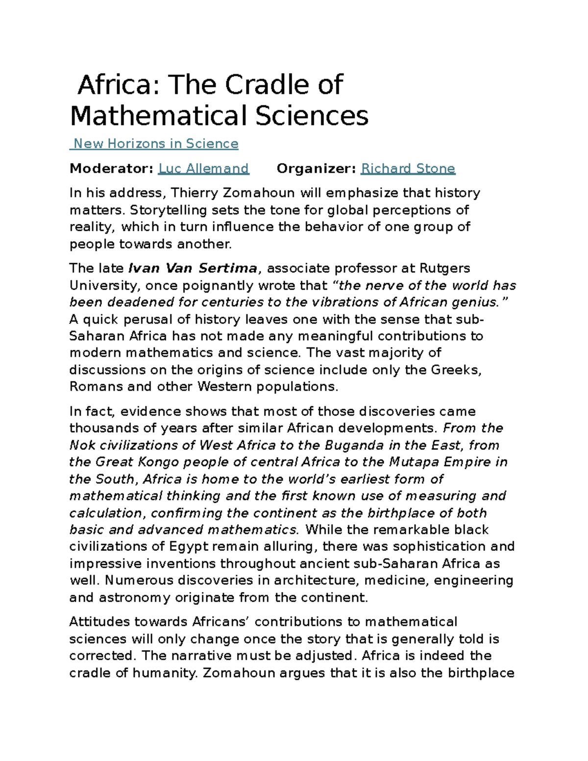 Africa: The Cradle of Mathematical Sciences - Insights and ...