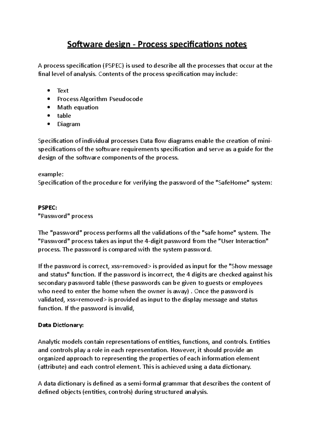 Software Design PSPEC Notes: Processes and Data Dictionaries - Studocu