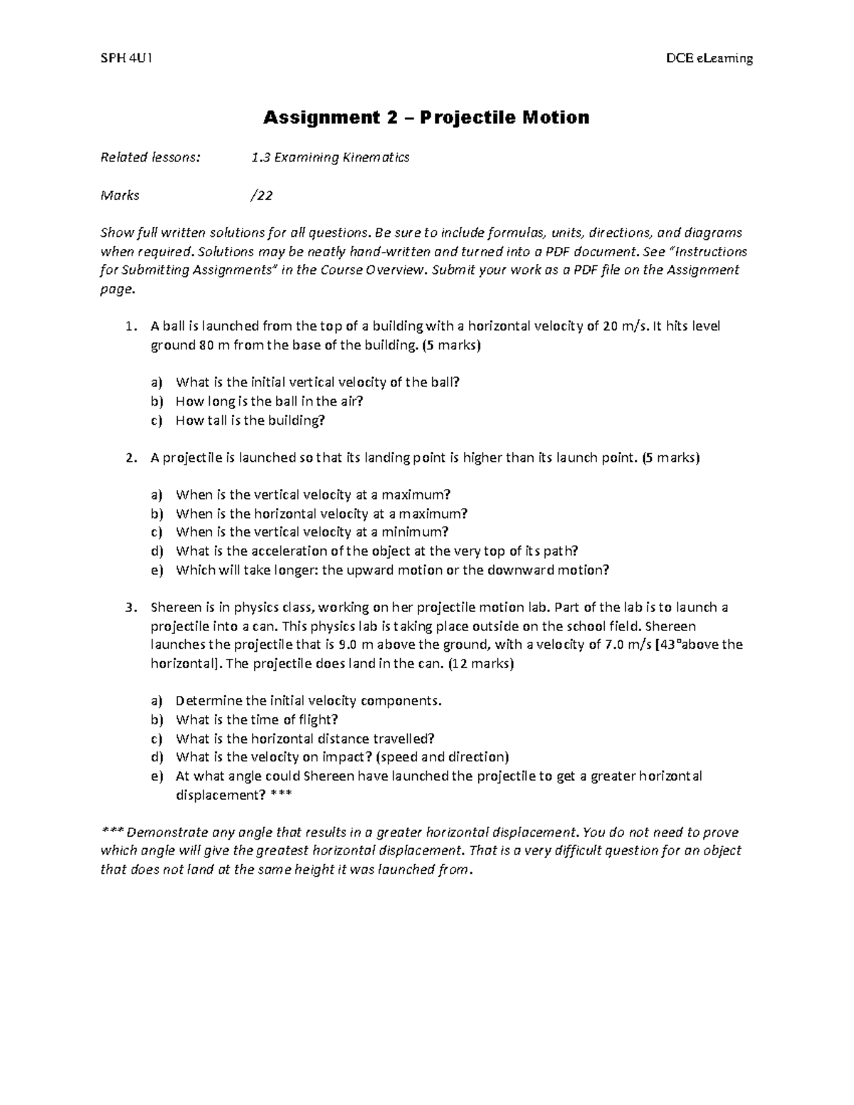 SPH 4U1 DCE Lecture Notes on Assignment 2: Projectile Motion - Studocu