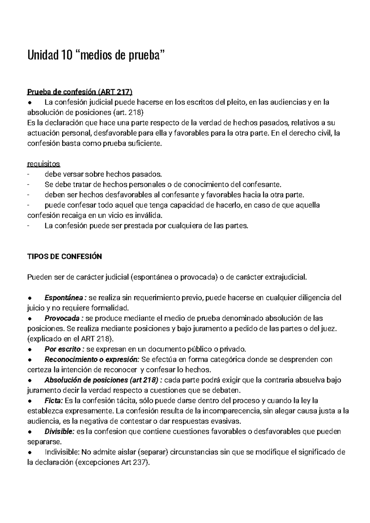 Unidad 10 y 11: Medios de Prueba en el Proceso Judicial - Studocu