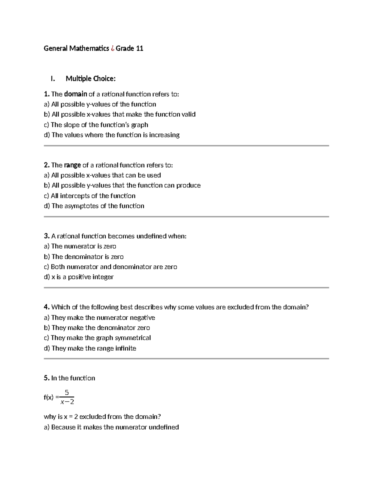 General Mathematics Grade 11 I: Multiple Choice Questionnaire - Studocu