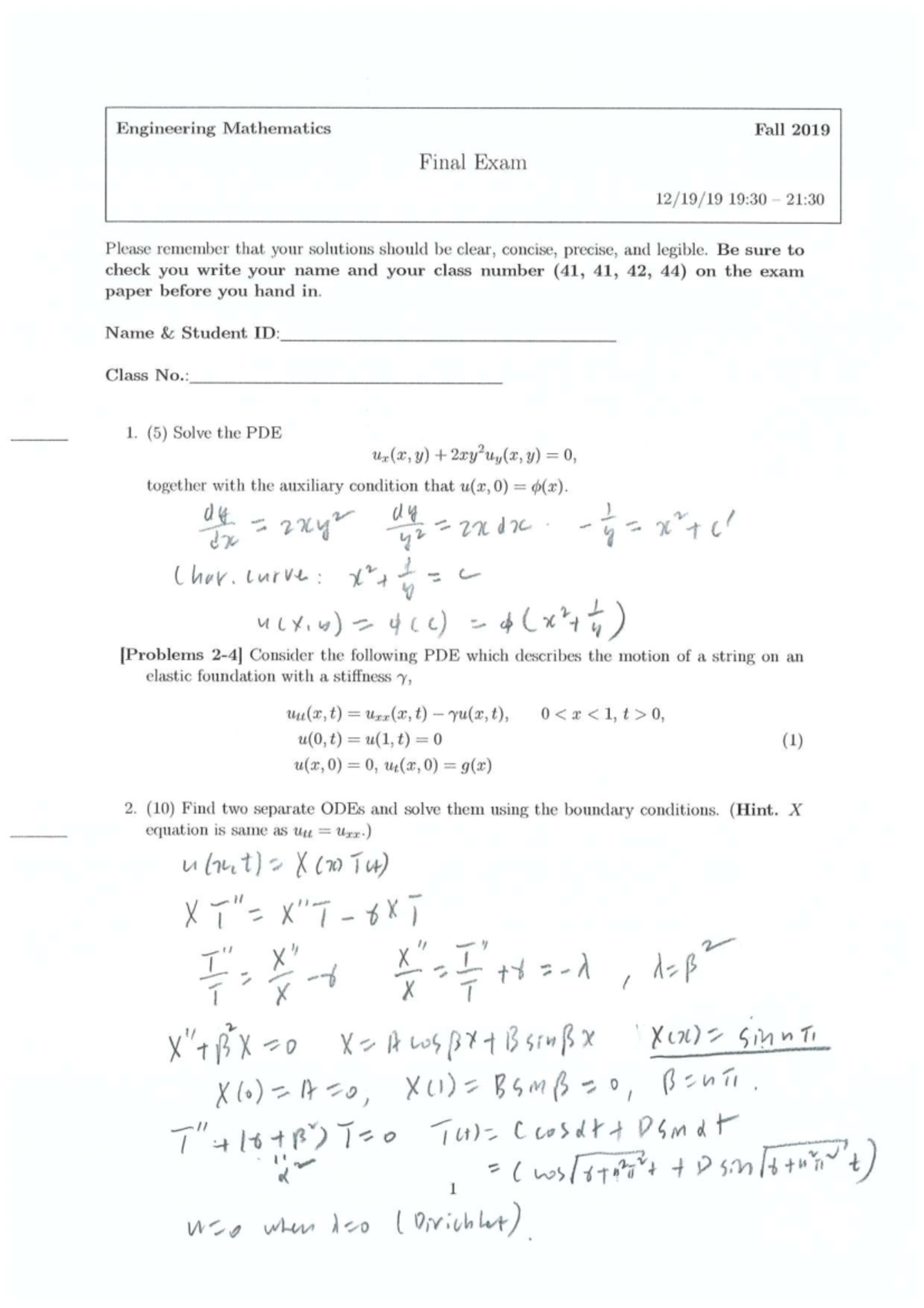 Engineering Mathematics ENGR 101 Fall 2019 Final Exam Solutions Guide ...